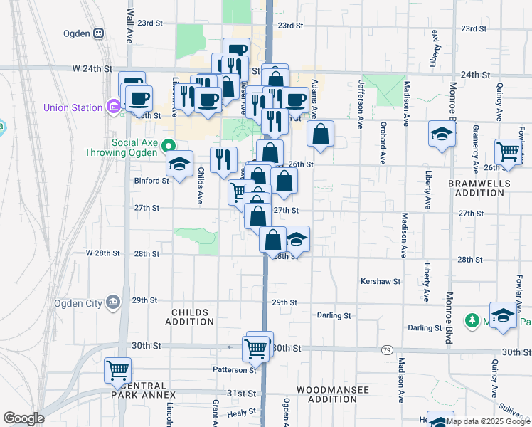 map of restaurants, bars, coffee shops, grocery stores, and more near 2660 South Washington Boulevard in Ogden