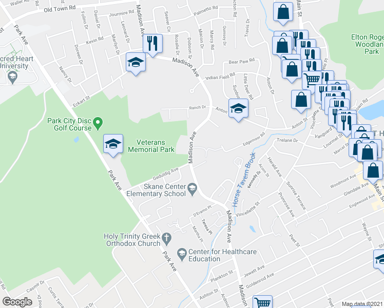map of restaurants, bars, coffee shops, grocery stores, and more near 9 Patricia Road in Bridgeport