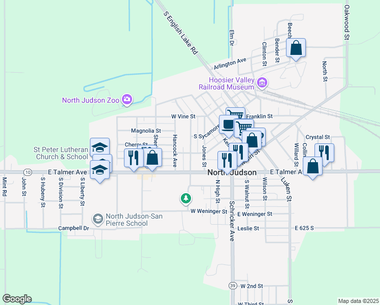 map of restaurants, bars, coffee shops, grocery stores, and more near 210 George Street in North Judson