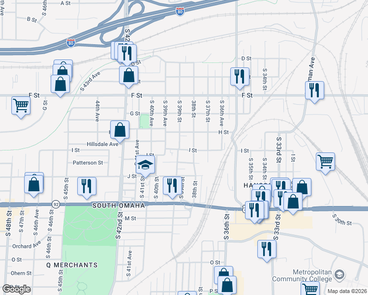 map of restaurants, bars, coffee shops, grocery stores, and more near 4308 South 39th Street in Omaha