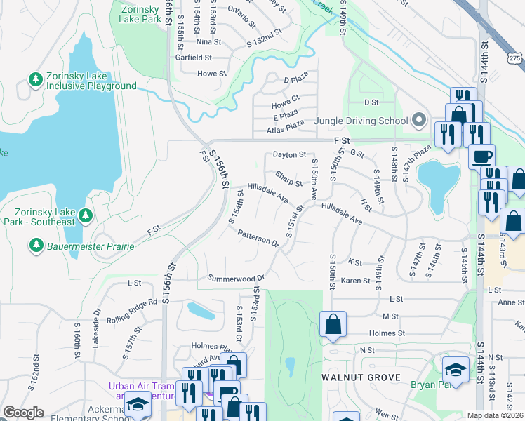 map of restaurants, bars, coffee shops, grocery stores, and more near 15219 Hillsdale Avenue in Omaha