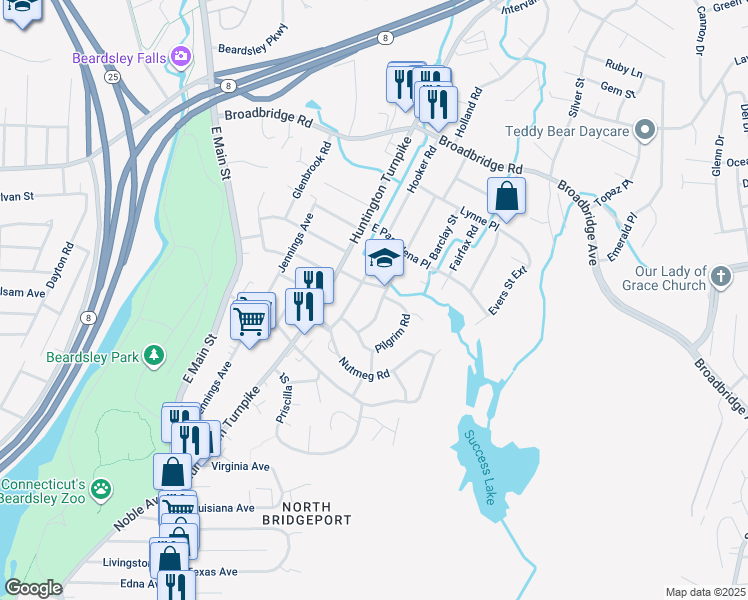 map of restaurants, bars, coffee shops, grocery stores, and more near 89 Roger Williams Road in Bridgeport