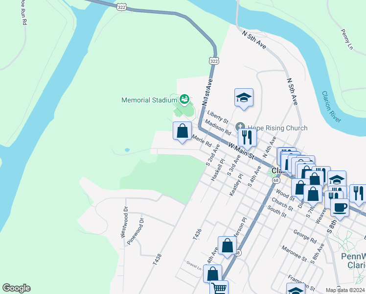 map of restaurants, bars, coffee shops, grocery stores, and more near 126 Merle Road in Clarion