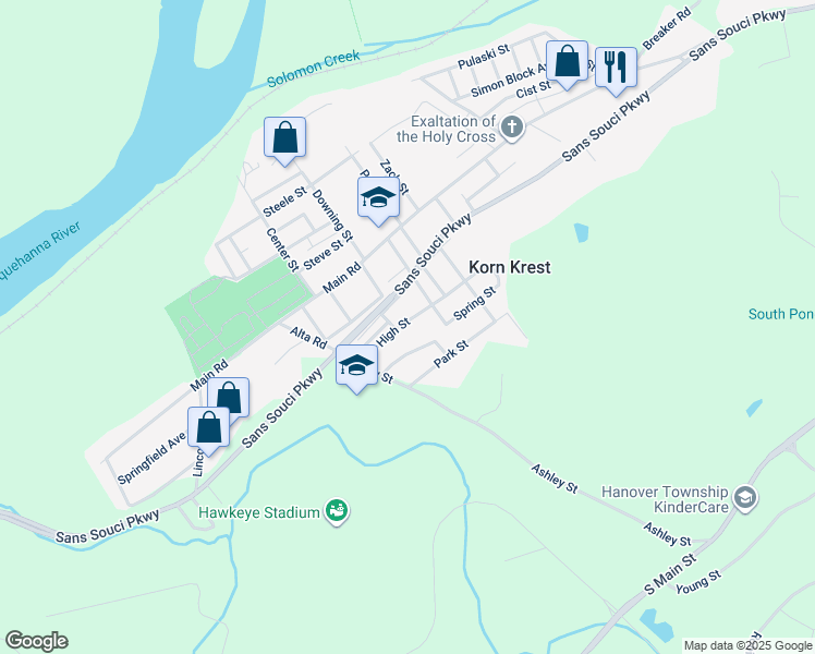 map of restaurants, bars, coffee shops, grocery stores, and more near 522 High Street in Wilkes-Barre