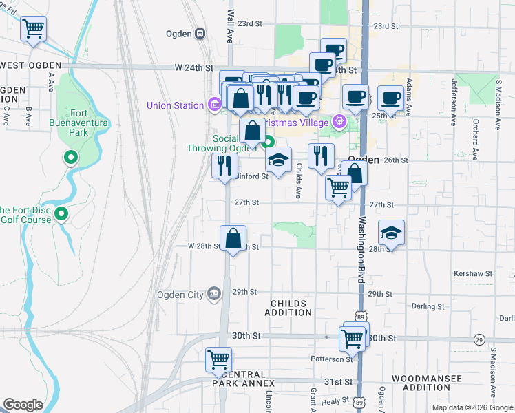 map of restaurants, bars, coffee shops, grocery stores, and more near 161 27th Street in Ogden