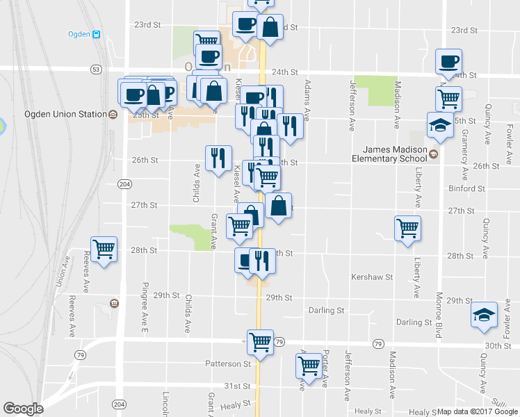 map of restaurants, bars, coffee shops, grocery stores, and more near 2660 South Washington Boulevard in Ogden
