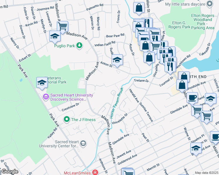 map of restaurants, bars, coffee shops, grocery stores, and more near 170 Edgemoor Road in Bridgeport