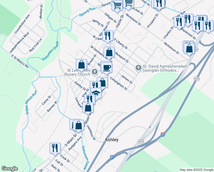 map of restaurants, bars, coffee shops, grocery stores, and more near 100 North Main Street in Ashley