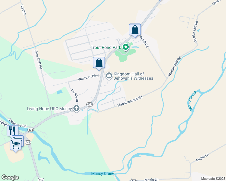 map of restaurants, bars, coffee shops, grocery stores, and more near 2381 Route 405 Highway in Muncy