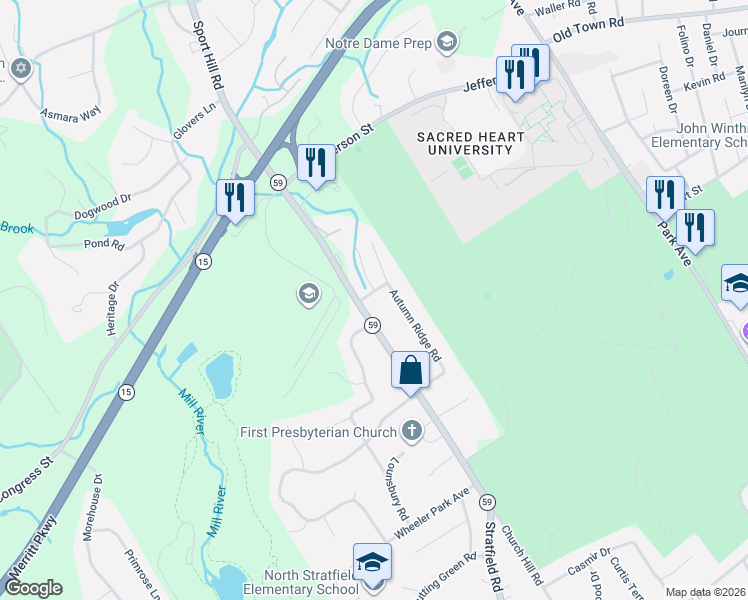 map of restaurants, bars, coffee shops, grocery stores, and more near 265 Autumn Ridge Road in Fairfield