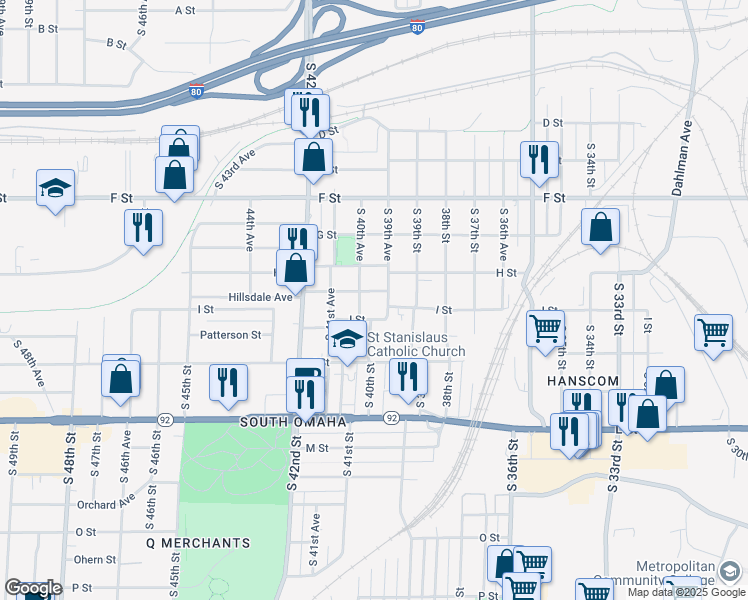 map of restaurants, bars, coffee shops, grocery stores, and more near 4302 South 39th Avenue in Omaha