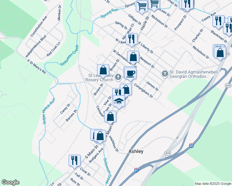 map of restaurants, bars, coffee shops, grocery stores, and more near 27 West Hartford Street in Wilkes-Barre