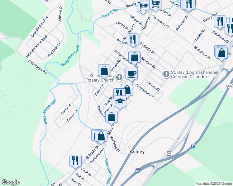 map of restaurants, bars, coffee shops, grocery stores, and more near 29 West Hartford Street in Ashley