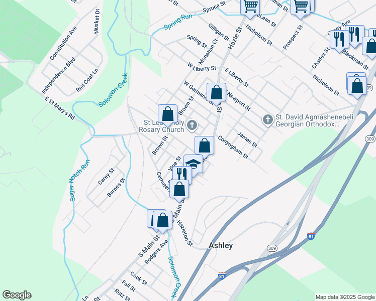 map of restaurants, bars, coffee shops, grocery stores, and more near 29 West Hartford Street in Ashley