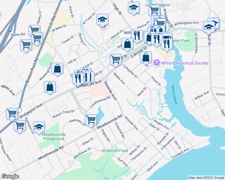 map of restaurants, bars, coffee shops, grocery stores, and more near 6 Seaside Court in Milford