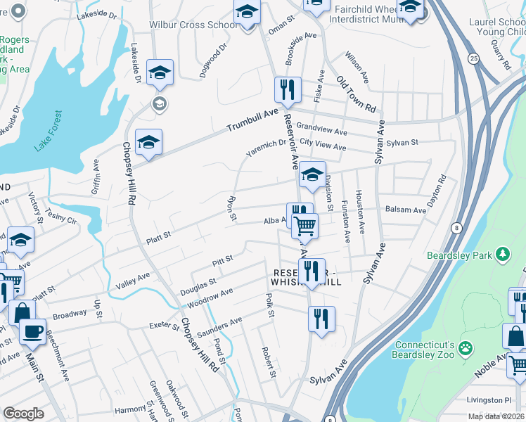 map of restaurants, bars, coffee shops, grocery stores, and more near 94 Platt Street in Bridgeport