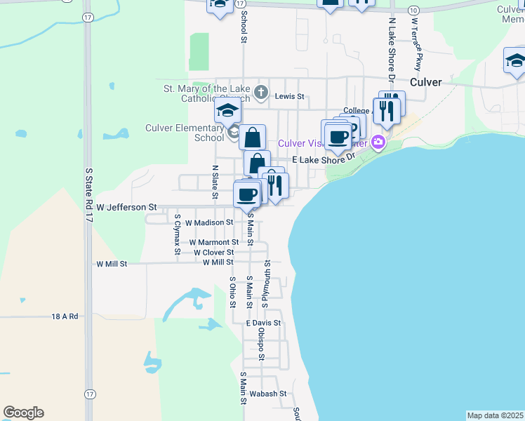 map of restaurants, bars, coffee shops, grocery stores, and more near 110 North Plymouth Street in Culver