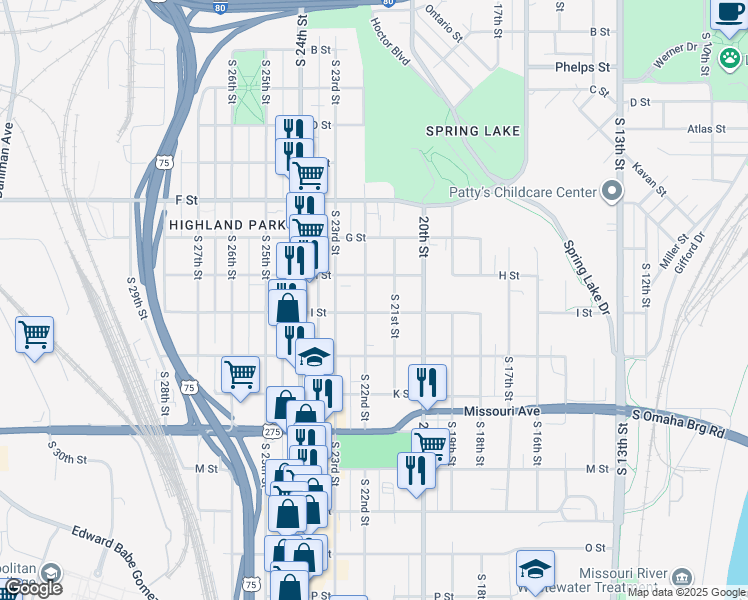 map of restaurants, bars, coffee shops, grocery stores, and more near 4308 South 22nd Street in Omaha