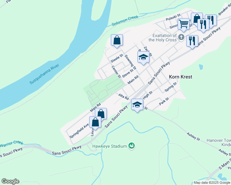 map of restaurants, bars, coffee shops, grocery stores, and more near 677 River Rd in Wilkes-Barre