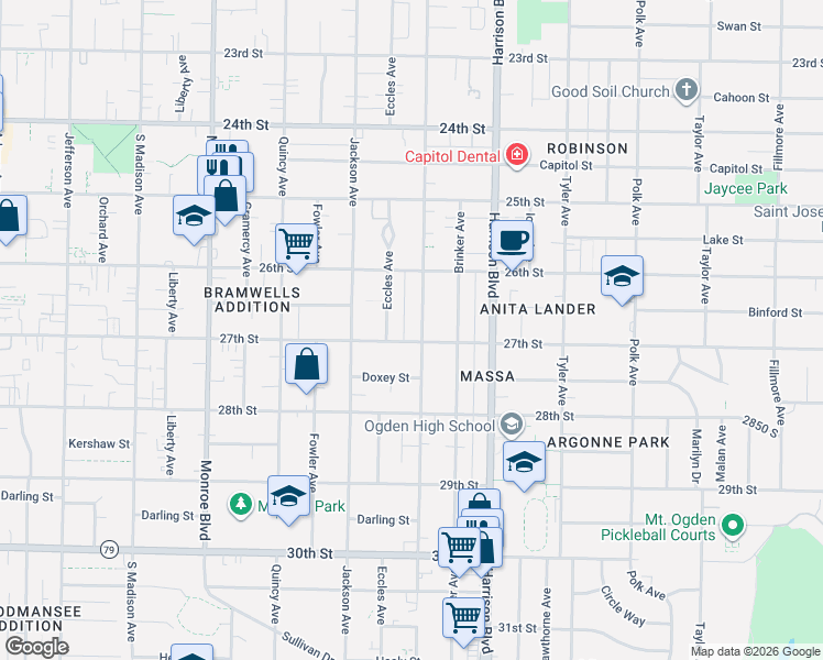 map of restaurants, bars, coffee shops, grocery stores, and more near 2679 Van Buren Avenue in Ogden