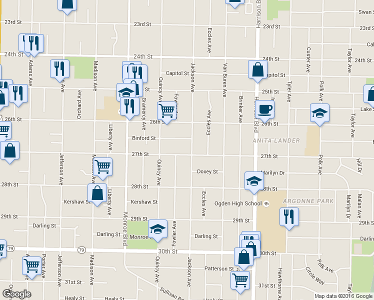 map of restaurants, bars, coffee shops, grocery stores, and more near 2679 Jackson Avenue in Ogden