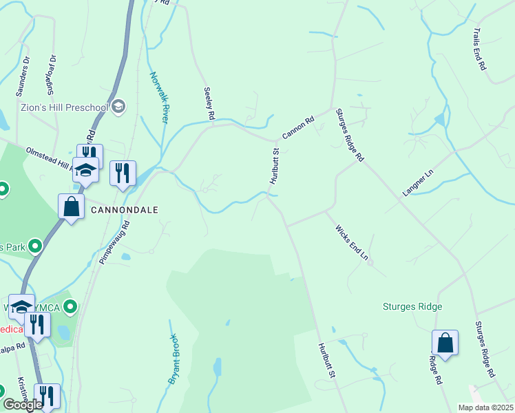 map of restaurants, bars, coffee shops, grocery stores, and more near 30 Cannon Road in Wilton
