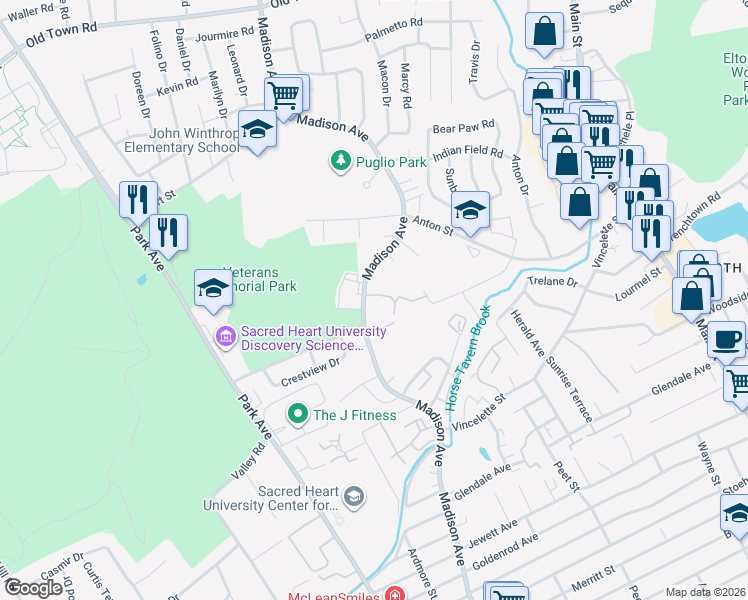 map of restaurants, bars, coffee shops, grocery stores, and more near 9 Patricia Road in Bridgeport