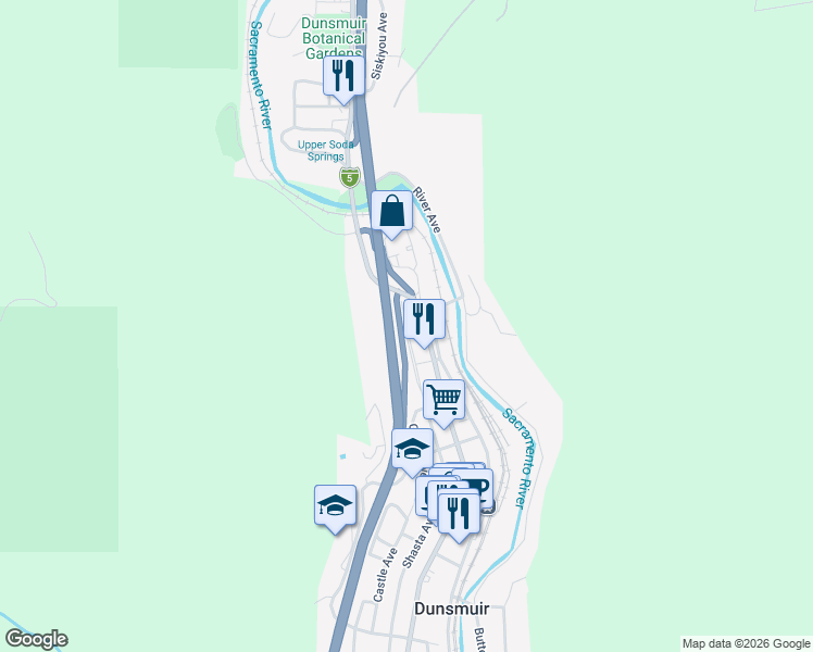 map of restaurants, bars, coffee shops, grocery stores, and more near 5300 Hazel Street in Dunsmuir