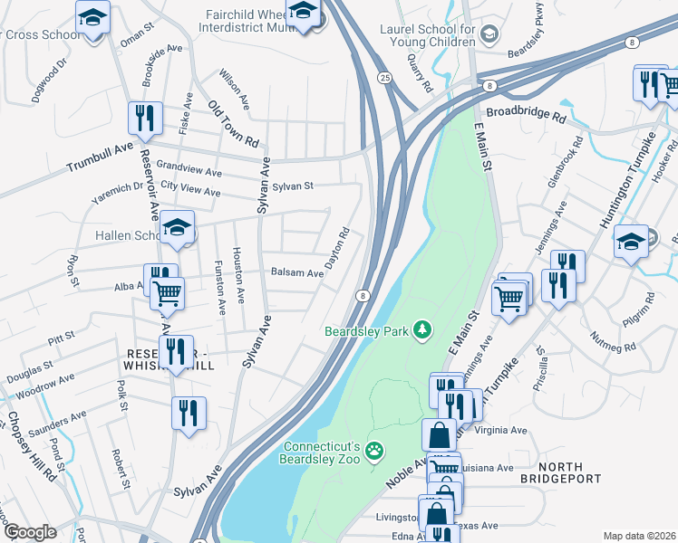 map of restaurants, bars, coffee shops, grocery stores, and more near 235 Hillcrest Road in Bridgeport