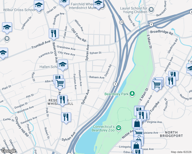 map of restaurants, bars, coffee shops, grocery stores, and more near 135 Hollywood Avenue in Bridgeport