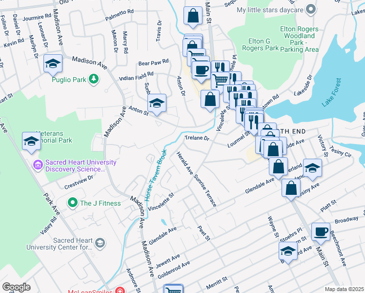 map of restaurants, bars, coffee shops, grocery stores, and more near 174 Trelane Drive in Bridgeport