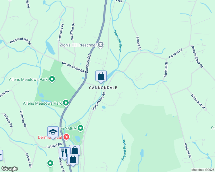 map of restaurants, bars, coffee shops, grocery stores, and more near 34a Cannon Road in Wilton