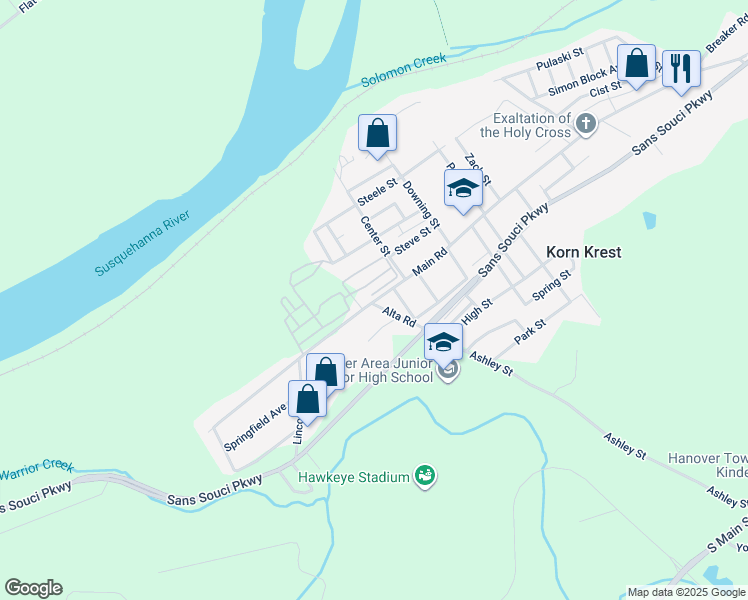 map of restaurants, bars, coffee shops, grocery stores, and more near 661-677 River Rd in Wilkes-Barre