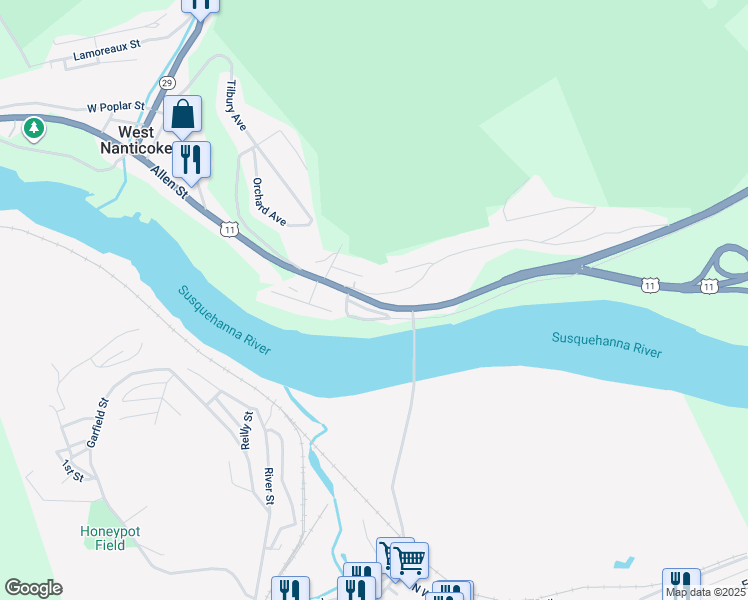 map of restaurants, bars, coffee shops, grocery stores, and more near 10 McDonald Street in Nanticoke