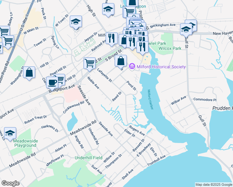 map of restaurants, bars, coffee shops, grocery stores, and more near 4 Reed Street in Milford