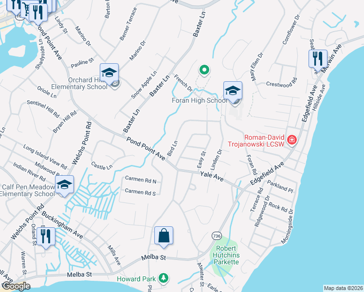 map of restaurants, bars, coffee shops, grocery stores, and more near 58 Easy Street in Milford