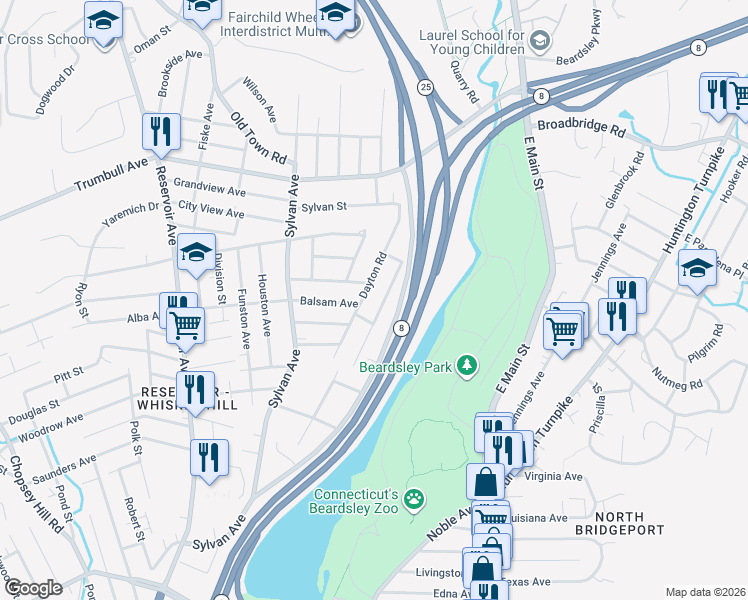 map of restaurants, bars, coffee shops, grocery stores, and more near 235 Hillcrest Road in Bridgeport