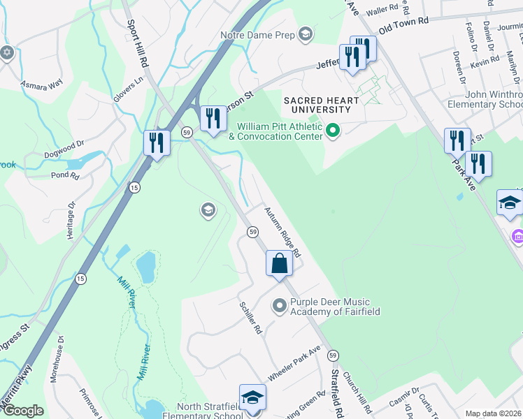 map of restaurants, bars, coffee shops, grocery stores, and more near 265 Autumn Ridge Road in Fairfield