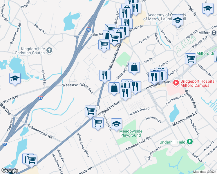 map of restaurants, bars, coffee shops, grocery stores, and more near 2 Erna Avenue in Milford