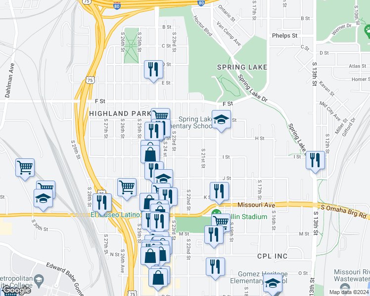 map of restaurants, bars, coffee shops, grocery stores, and more near 4318 South 22nd Street in Omaha