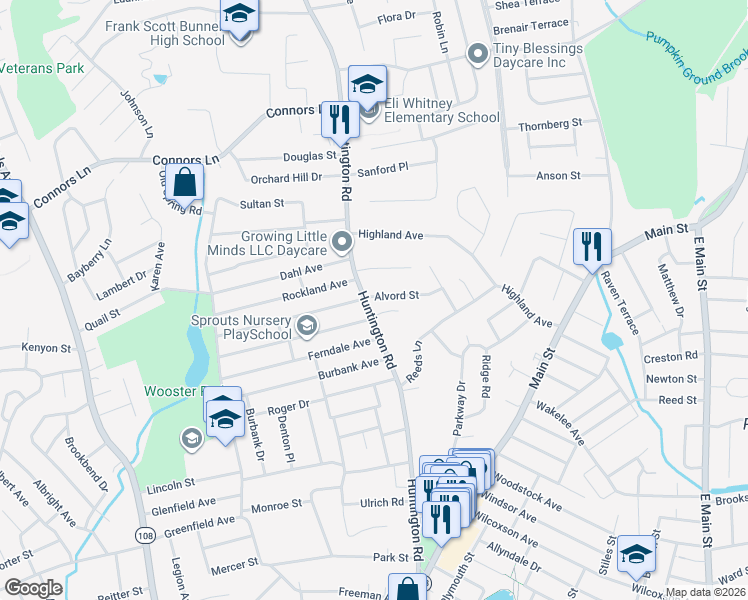 map of restaurants, bars, coffee shops, grocery stores, and more near 725 Huntington Road in Stratford