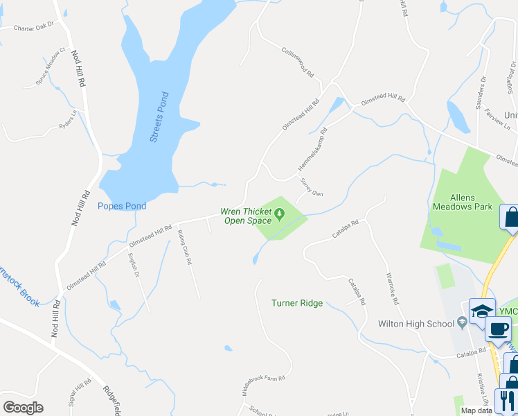 map of restaurants, bars, coffee shops, grocery stores, and more near 25 Langner Lane in Wilton