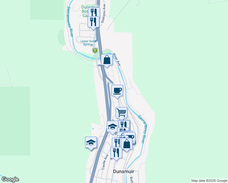 map of restaurants, bars, coffee shops, grocery stores, and more near 5300-5306 Hazel Street in Dunsmuir