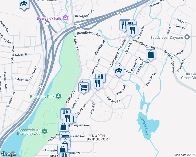 map of restaurants, bars, coffee shops, grocery stores, and more near 220 Kensington Place in Bridgeport