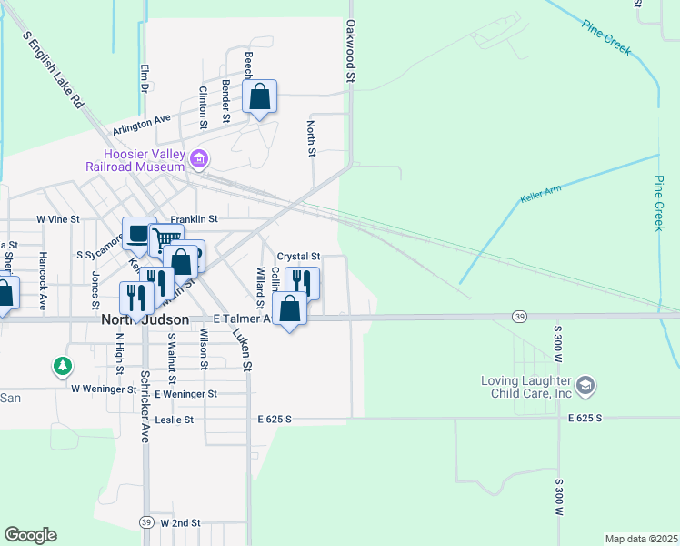 map of restaurants, bars, coffee shops, grocery stores, and more near 203 Maryland Street in North Judson