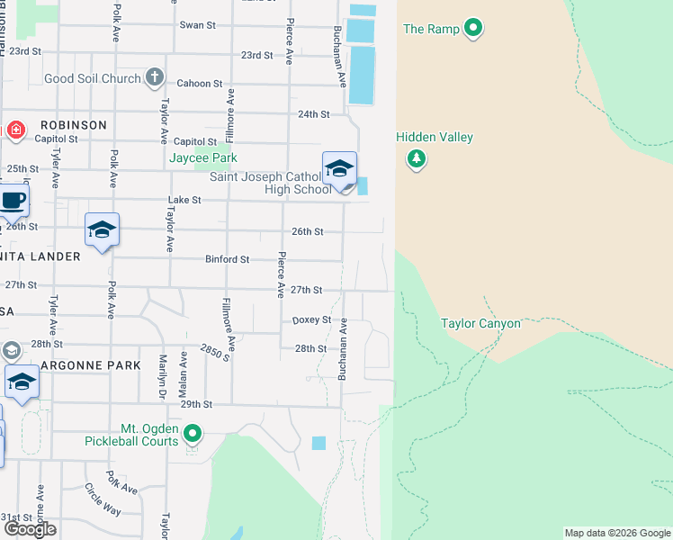 map of restaurants, bars, coffee shops, grocery stores, and more near 2651 Shamrock Drive in Ogden