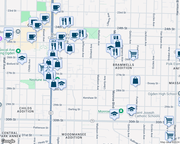 map of restaurants, bars, coffee shops, grocery stores, and more near 668 27th Street in Ogden