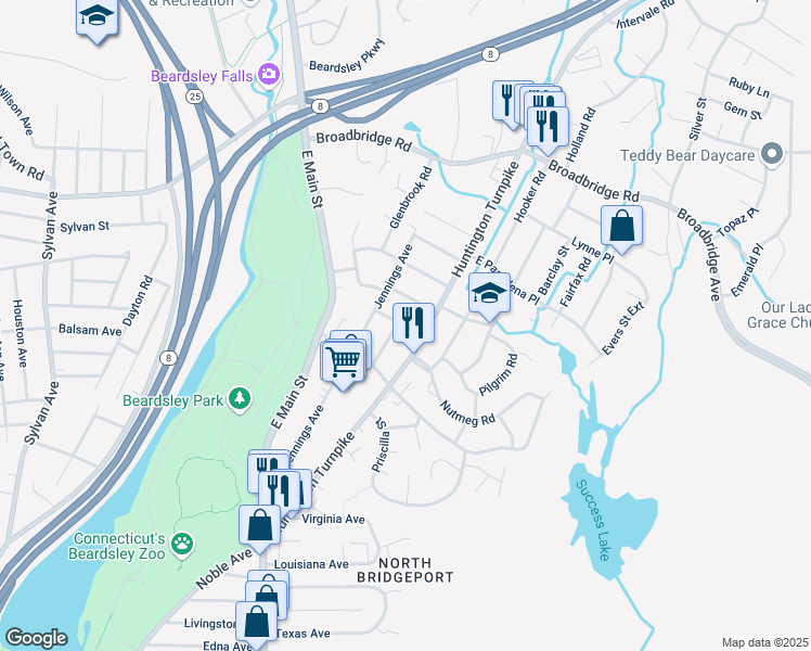 map of restaurants, bars, coffee shops, grocery stores, and more near 220 Kensington Place in Bridgeport