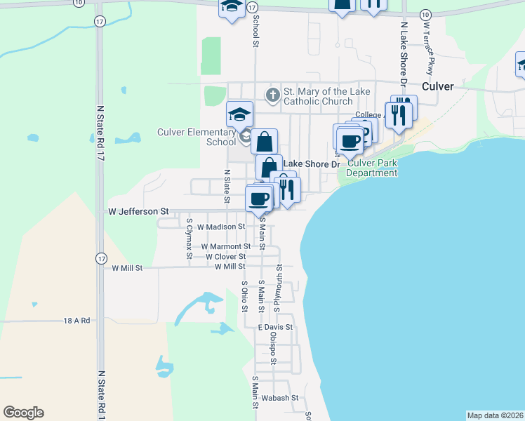 map of restaurants, bars, coffee shops, grocery stores, and more near 110 South Main Street in Culver