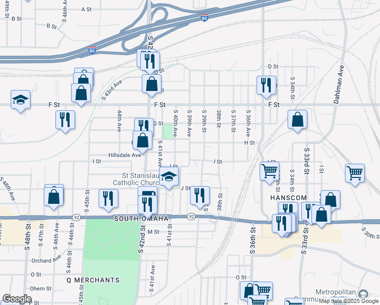 map of restaurants, bars, coffee shops, grocery stores, and more near 3960 Hillsdale Avenue in Omaha